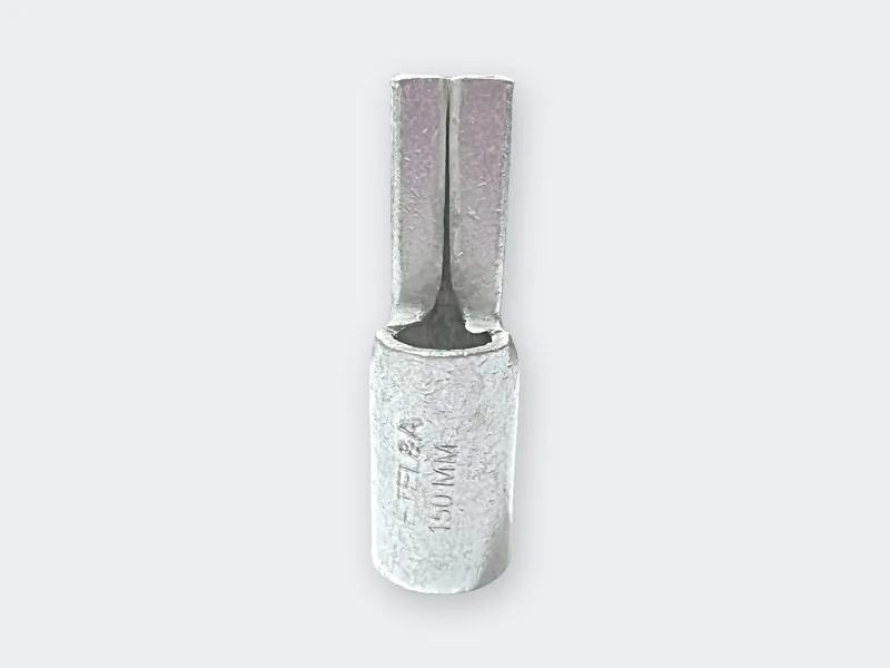 Terminal tipo pin de cobre estañado, con la marca METEL&A y la medida grabadas